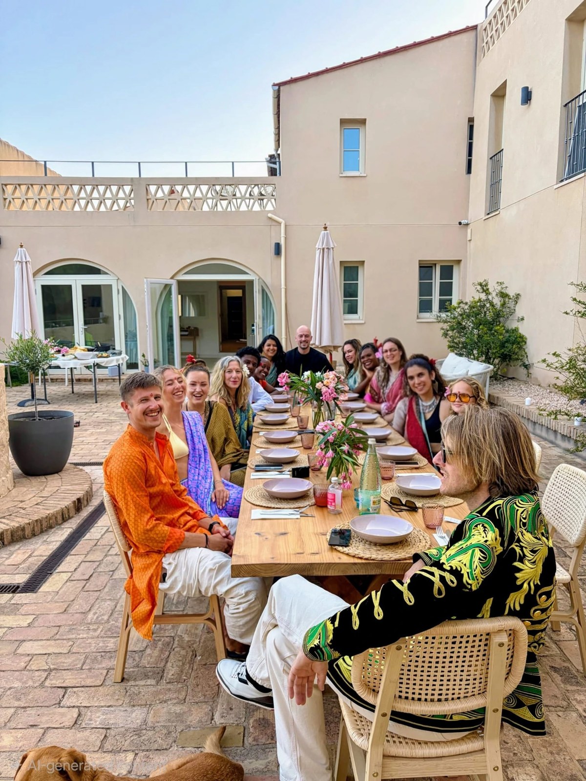 The shared dinner table in the Savi courtyard at golden hour